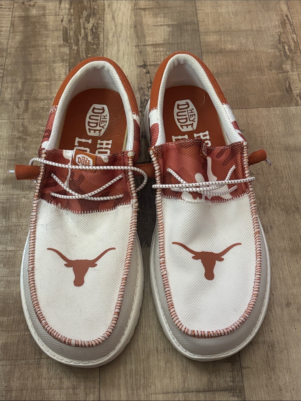 Hey Dude Men’s White & Burnt Orange Canvas Slip-On Boat Shoes Texas Longhorn.